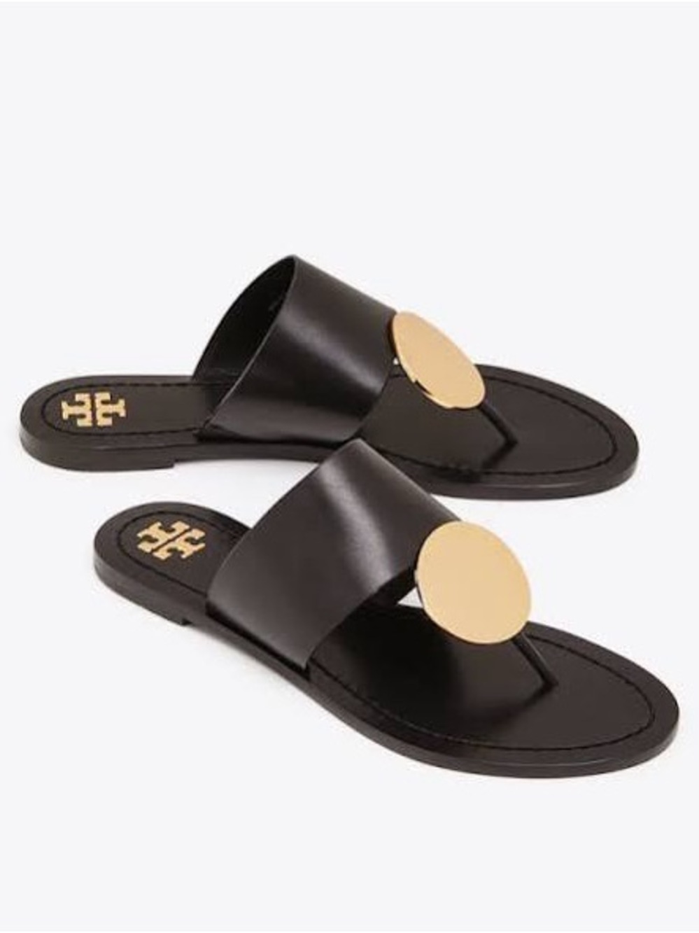 Tory Burch Patos Disk Leather Sandal Black & Gold Size 7.5